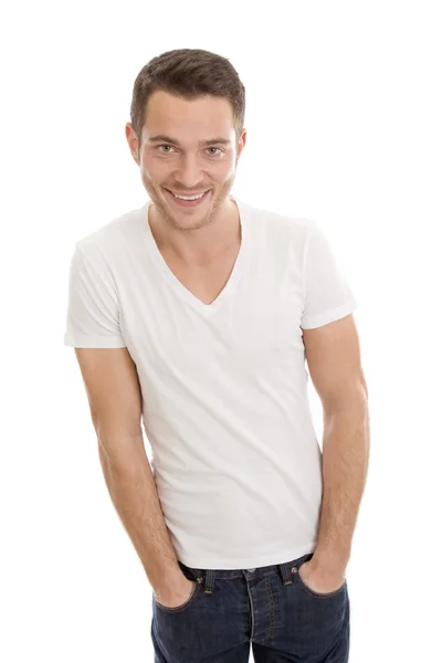 Na białym tle uśmiechający się młody człowiek w białej koszuli. — Zdjęcie stockowe