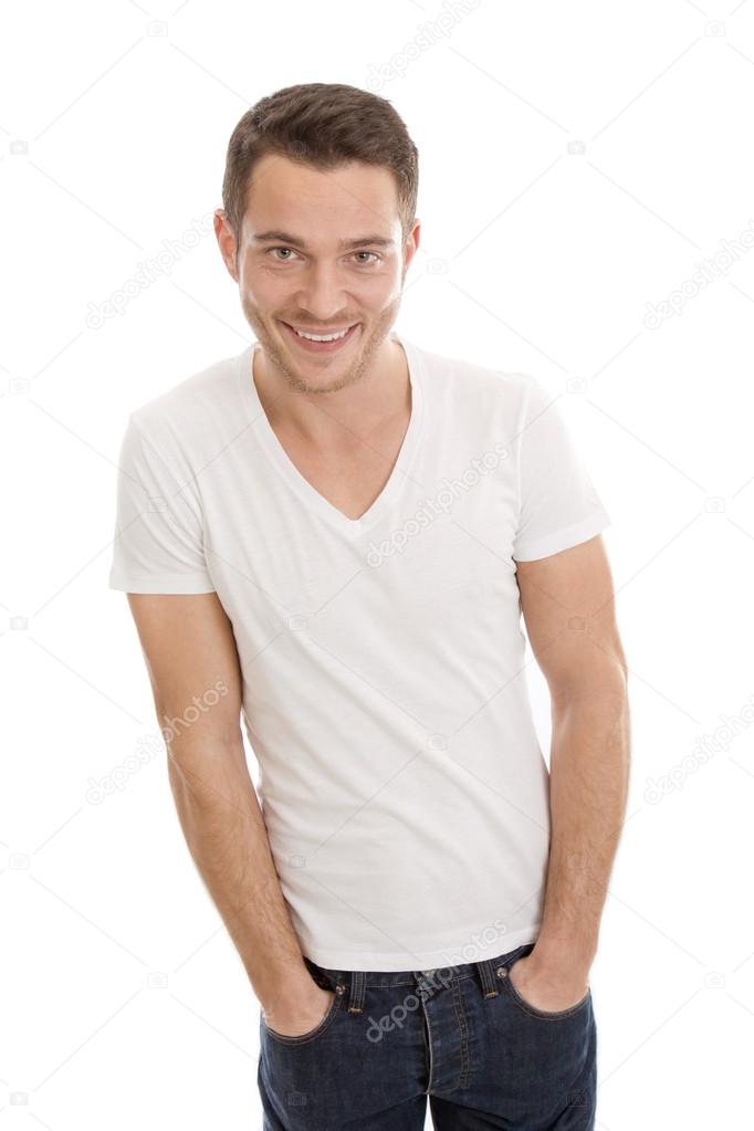 Isolated smiling young man in a white shirt.
