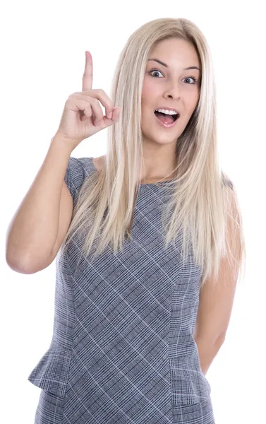 Geïsoleerde aantrekkelijke blonde stagiaire heeft een idee met wijsvinger — Stockfoto