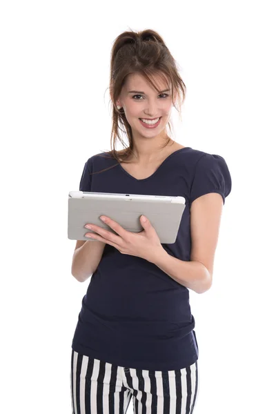 Vrij gelukkig jonge zakenvrouw geïsoleerd met de tablet-pc. — Stockfoto