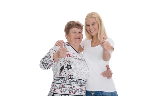 Abuela y nieta aisladas haciendo publicidad . —  Fotos de Stock