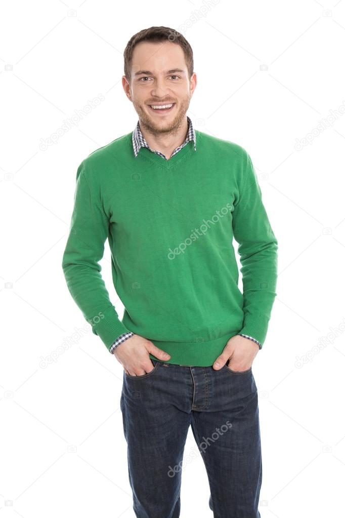 Isolated smiling man with green pullover on white.