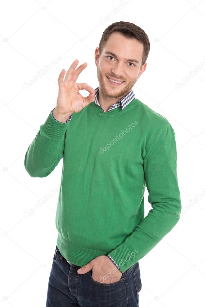 Isolated man making symbol for excellent.