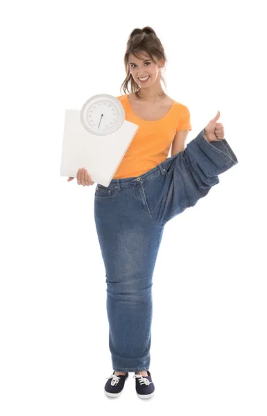 Schöne junge gesunde Frau. Isoliert über weiße Ernährung. — Stockfoto