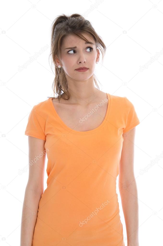 Pensive and doubtful young isolated woman wearing summer shirt.
