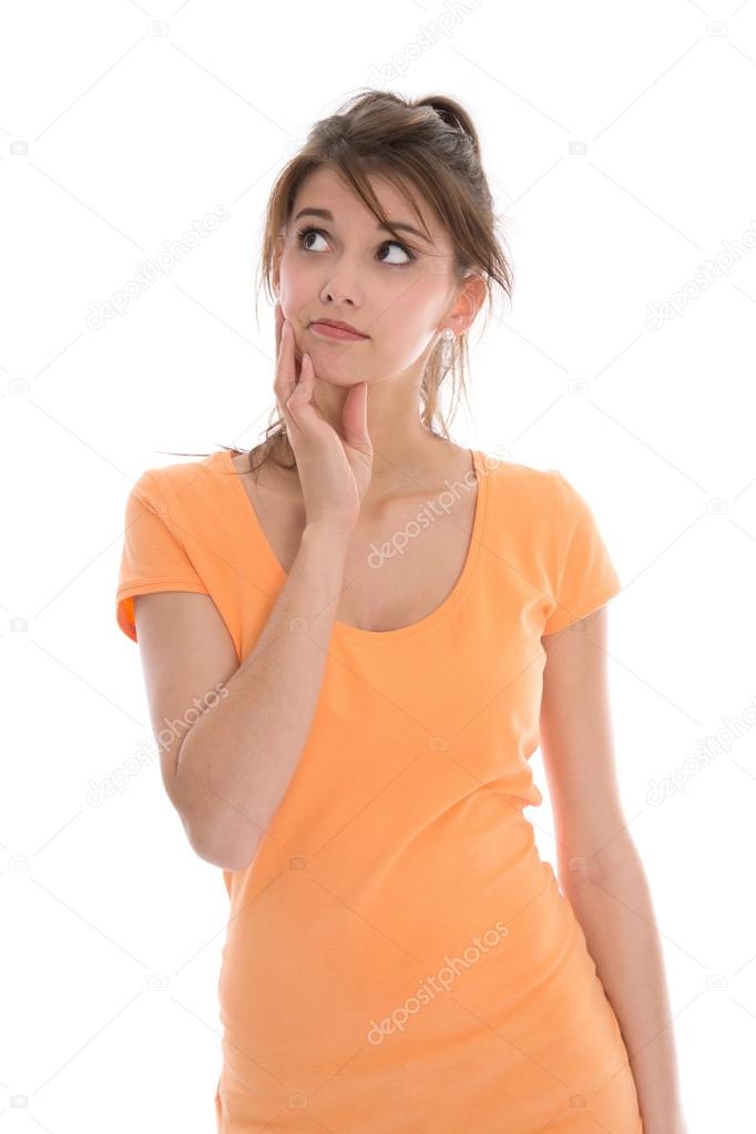 Pensive and doubtful young isolated woman wearing summer shirt.
