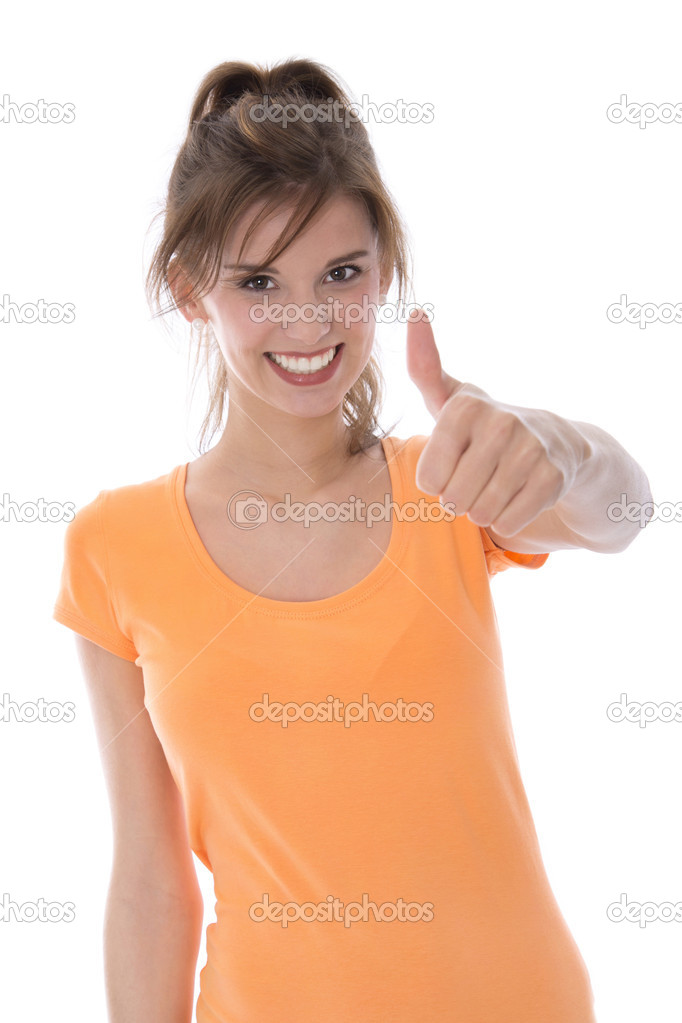 Pretty charming girl isolated over white with thumb up.
