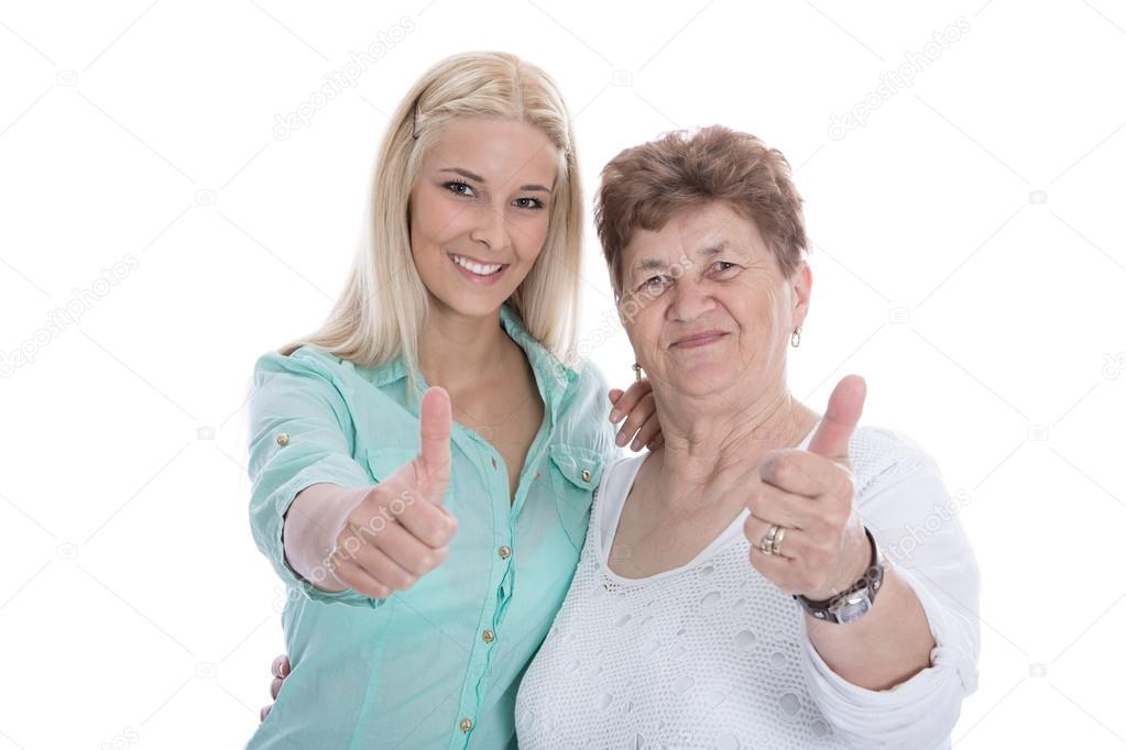 Isolated portrait of happy grandmother and granddaughter with th