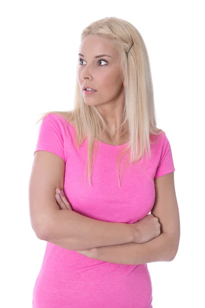 Isolado chocado jovem menina no rosa camisa . — Fotografia de Stock