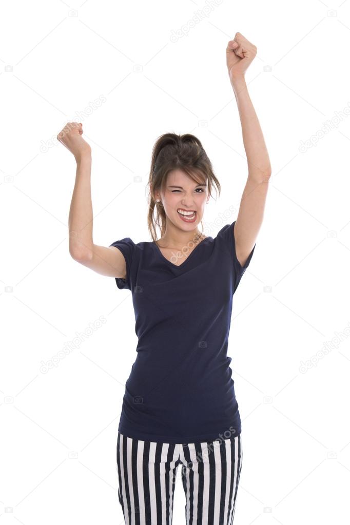 Cheering happy young successful woman with hands up.