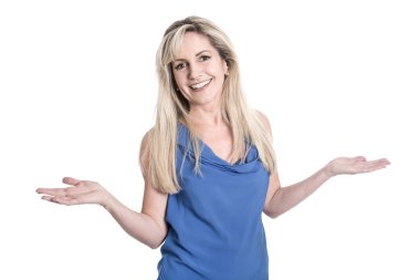 oldukça eski izole kadın gülümseyerek ve elleriyle işaret