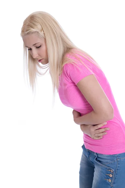 Niezdrowe kobieta na białym tle problemy z jej miesiączki. — Zdjęcie stockowe
