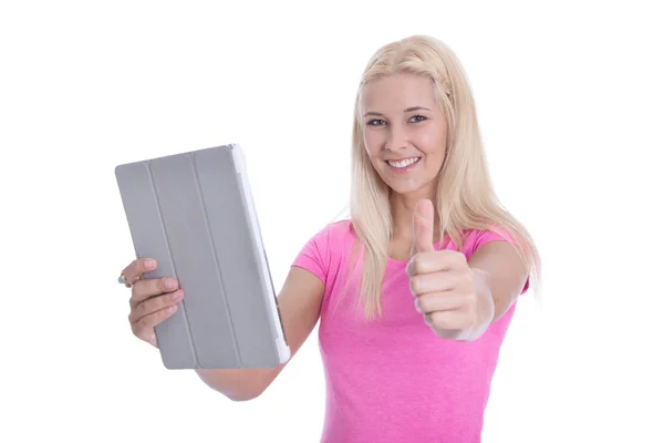 Isolerade blond kvinnlig student med digital tablet och tummen upp. — Stockfoto