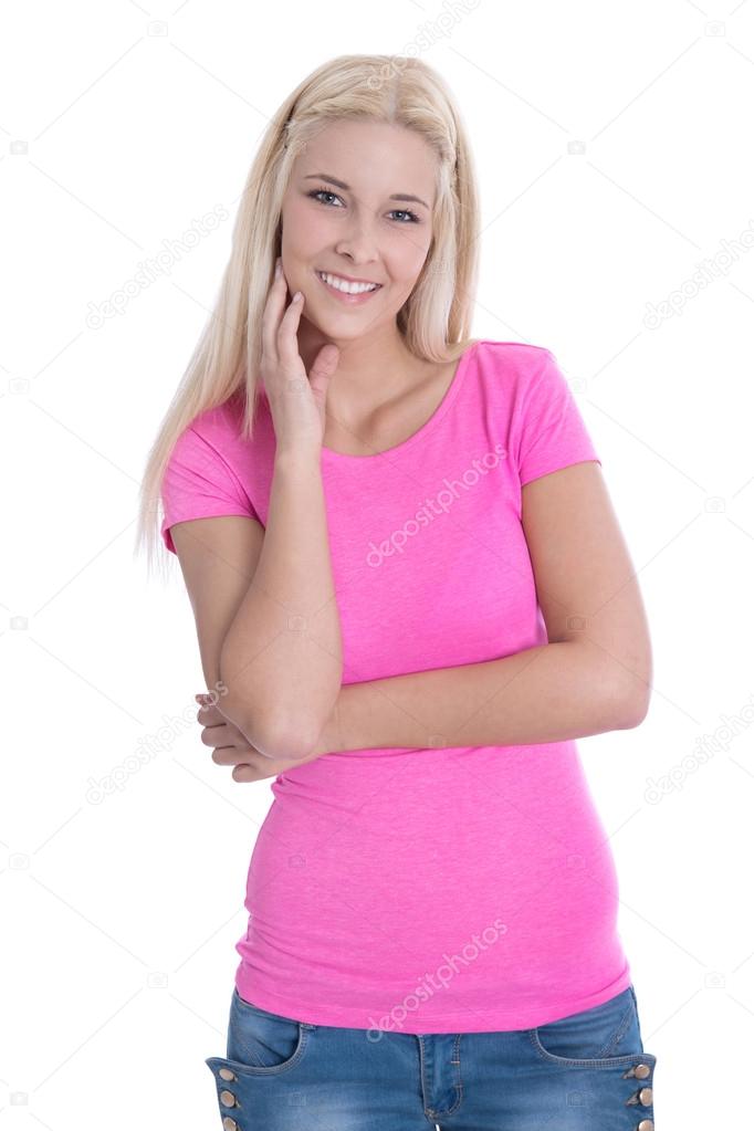 Isolated portrait of happy young blond female student over withe