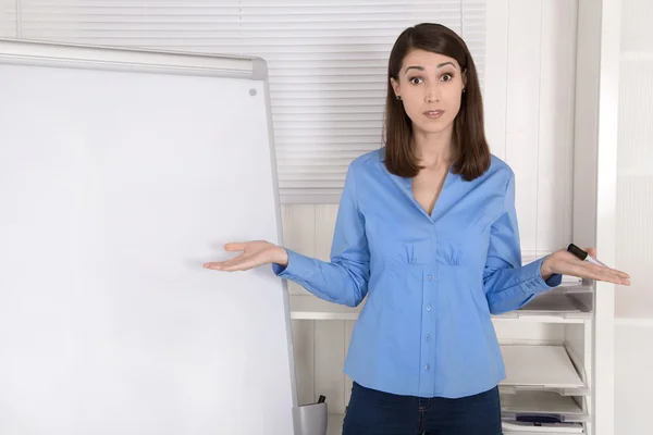 Solution searching businesswoman standing before flip chart. — Stock Photo, Image