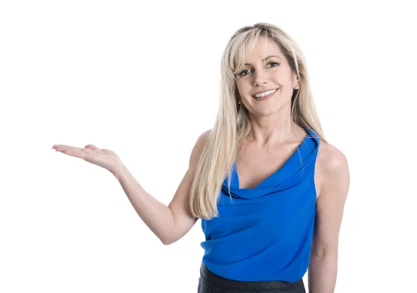 Attractive middle aged female is presenting with palm isolated o — Stock Photo, Image