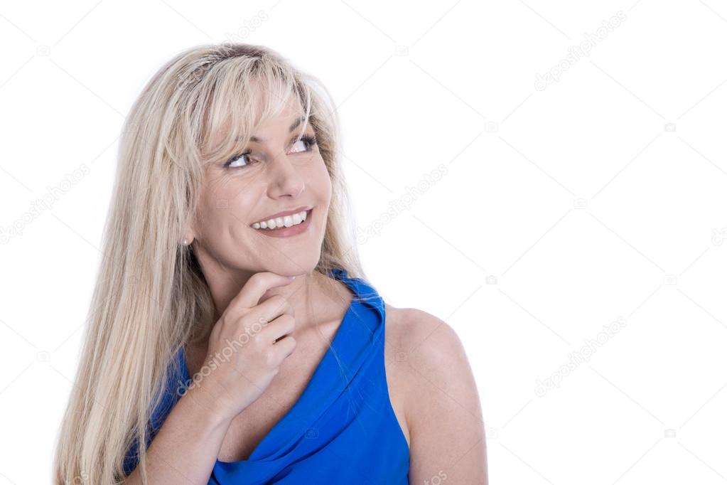 Portrait of attractive mature woman looking sideways isolated ov