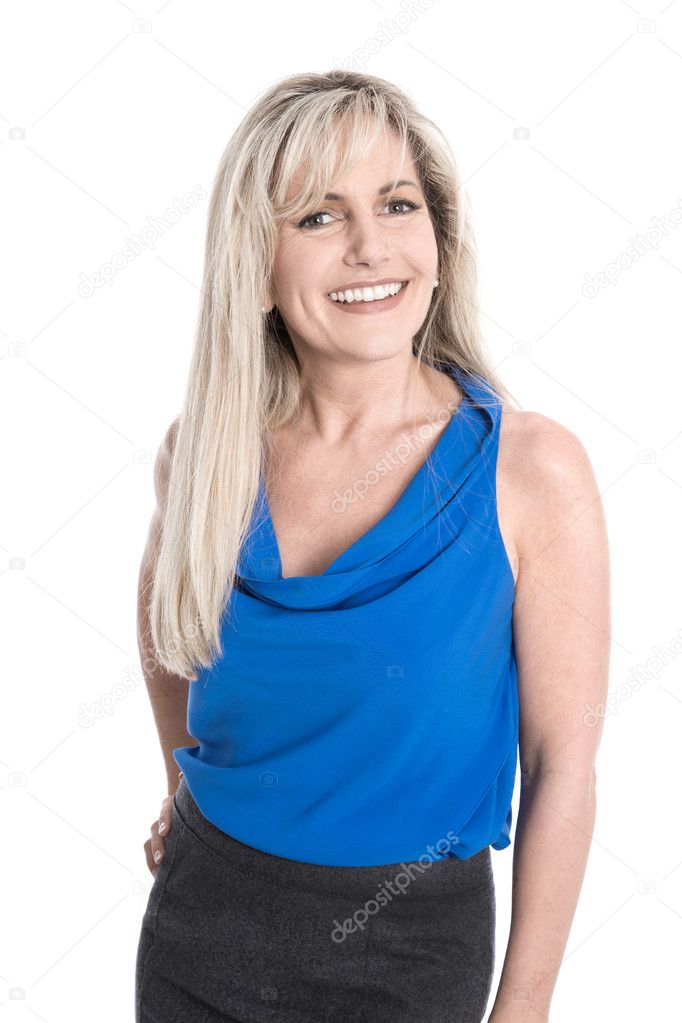 Portrait of isolated attractive smiling mature woman over white.