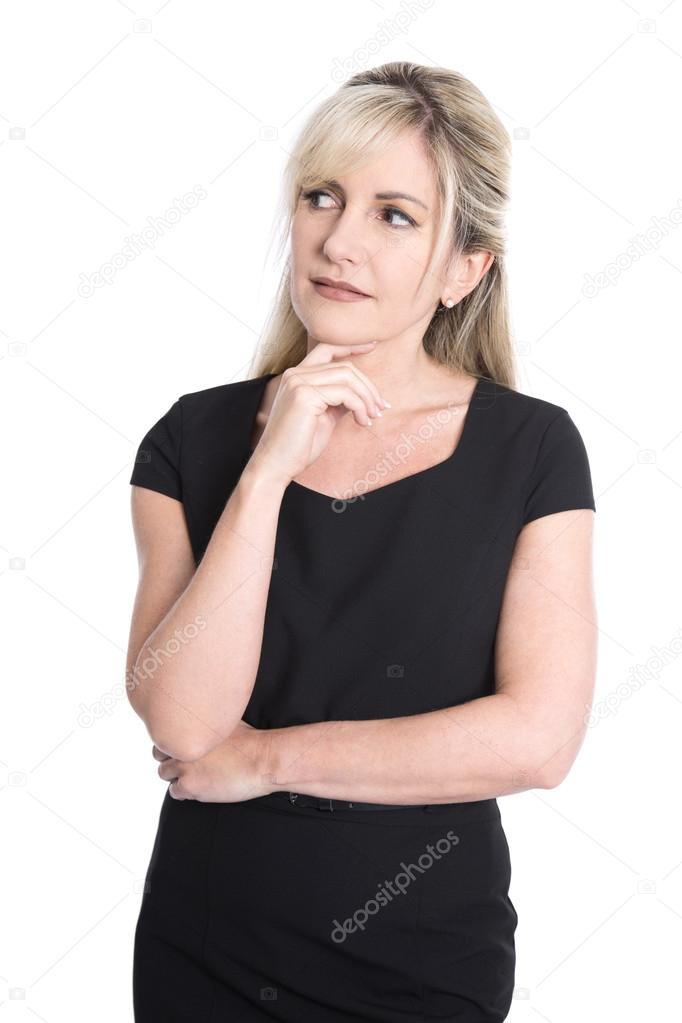 Portrait of unhappy pensive isolated blond mature woman in black