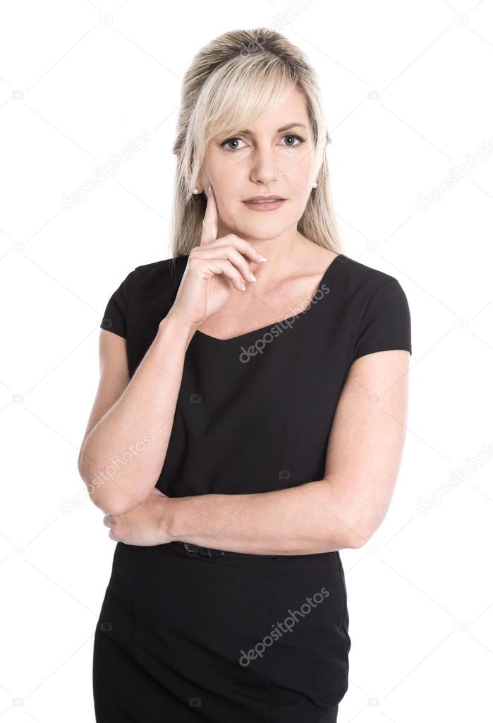 Pensive and questioningly isolated businesswoman in portrait.