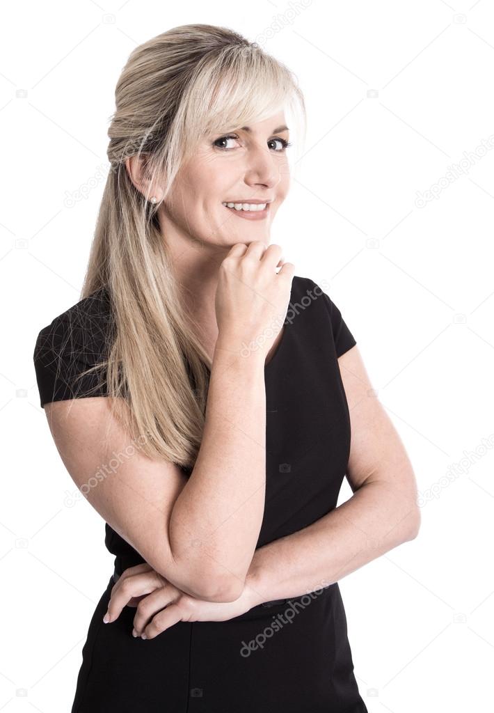 Portrait: smiling blond attractive business woman isolated over
