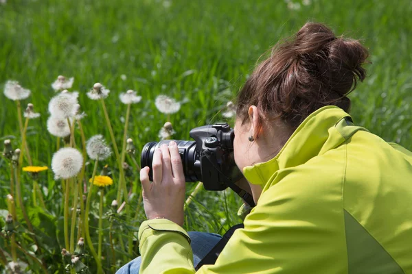 Mujer joven en el tiempo libre haciendo fotos de la naturaleza en la hierba . —  Fotos de Stock