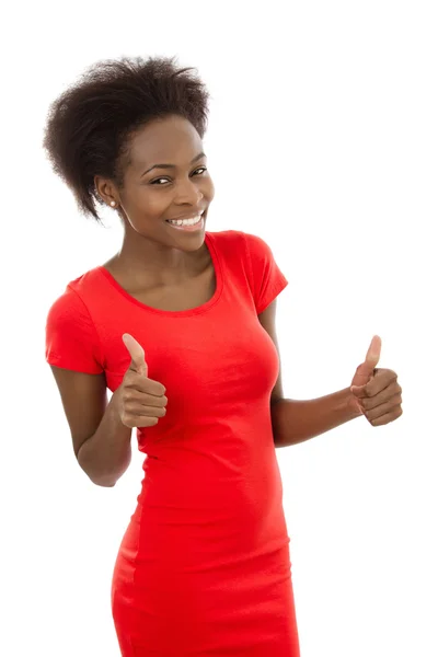 Mujer africana atractiva aislada en rojo con pulgares hacia arriba . — Foto de Stock