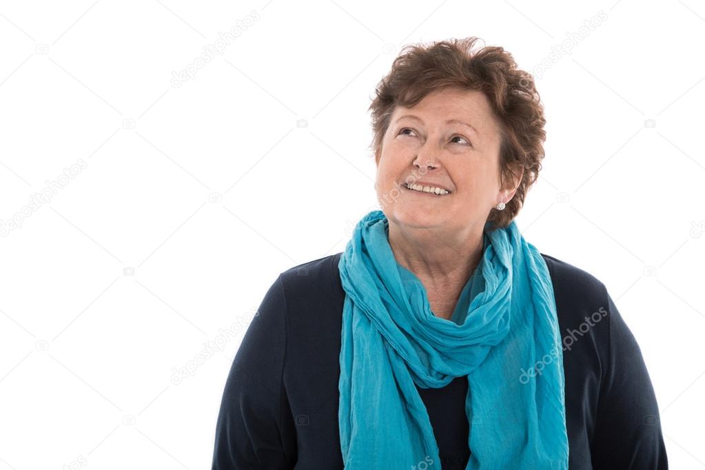 Portrait: older woman isolated over white smiling up to text.