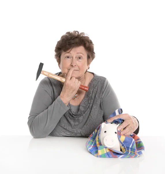 Geïsoleerde senior vrouw - geld concept met een gepensioneerde m/v. Smashing — Stockfoto