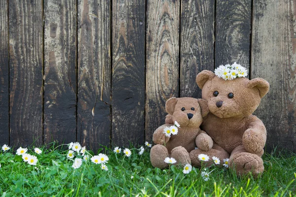 Ursos de pelúcia feliz - mãe e seu bebê em fundo de madeira para — Fotografia de Stock