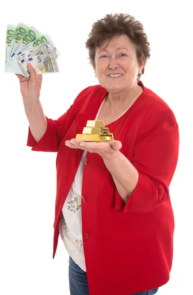 Alleinstehende Seniorin mit Geld: Konzept für Rente und Erbschaft — Stockfoto
