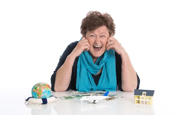 Isolated happy senior woman or pensioner - money concept for tra — Stock Photo, Image