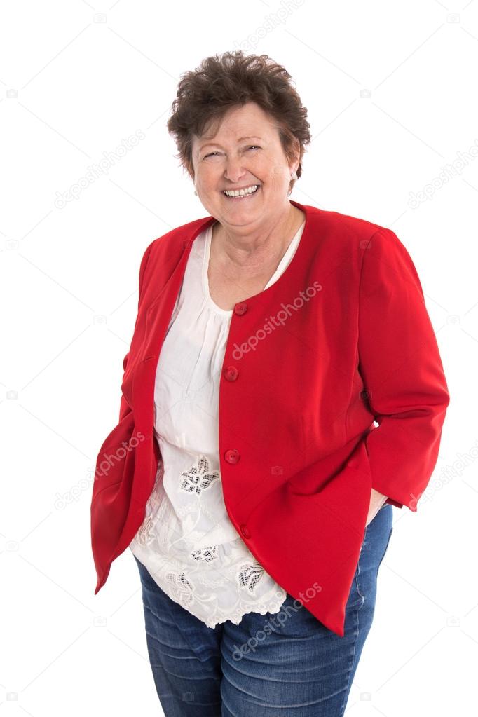 Portrait: Attractive older happy woman in red.