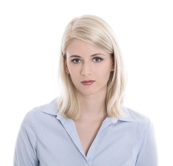 Προσωπογραφία γυναίκας ξανθά απομονωμένες ΝΕΩΝ ΕΠΙΧΕΙΡΗΜΑΤΙΩΝ στην μπλε μπλούζα — Φωτογραφία Αρχείου