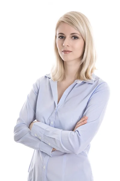 Porträt einer blonden, isolierten jungen Geschäftsfrau in blauer Bluse — Stockfoto