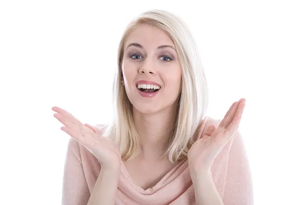 Young smiling isolated woman in rose pullover applauding. — Stock Photo, Image