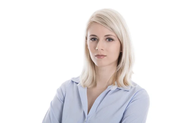Porträt einer blonden, isolierten jungen Geschäftsfrau in blauer Bluse — Stockfoto