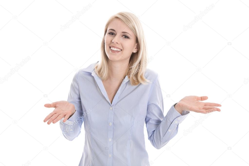 Happy young isolated business woman presenting with her hands.