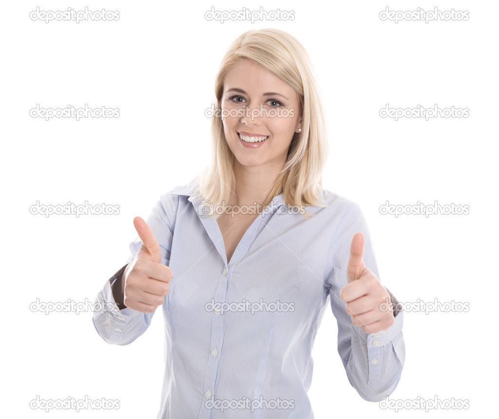Portrait of a happy young isolated businesswoman with thumbs up.