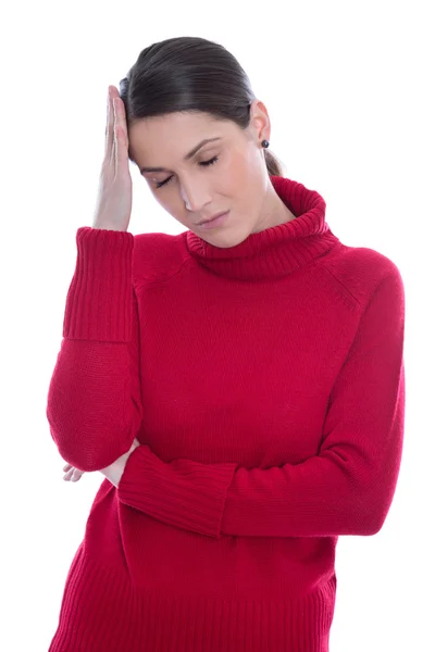 Jeune femme triste et triste isolée avec maux de tête ou migraine — Photo