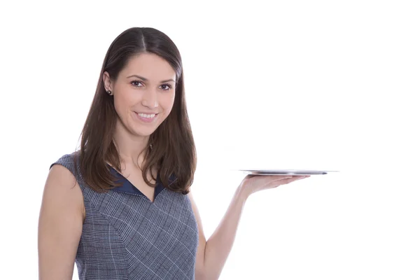 Sorrindo atraente e empresária isolada apresentando-se com ha — Fotografia de Stock