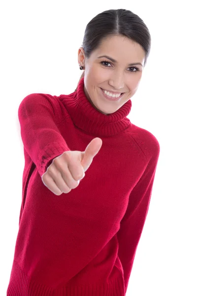 Successo sorridente e isolata giovane donna in pullover rosso . — Foto Stock