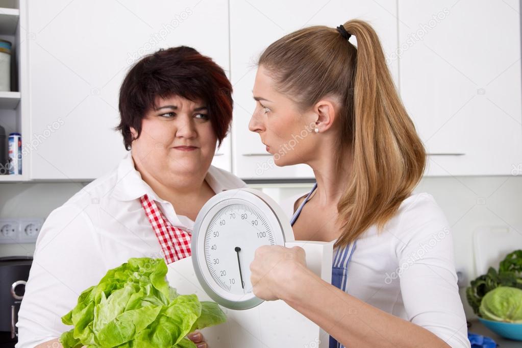 Diet course: fat woman will loosing weight with a dietitians.