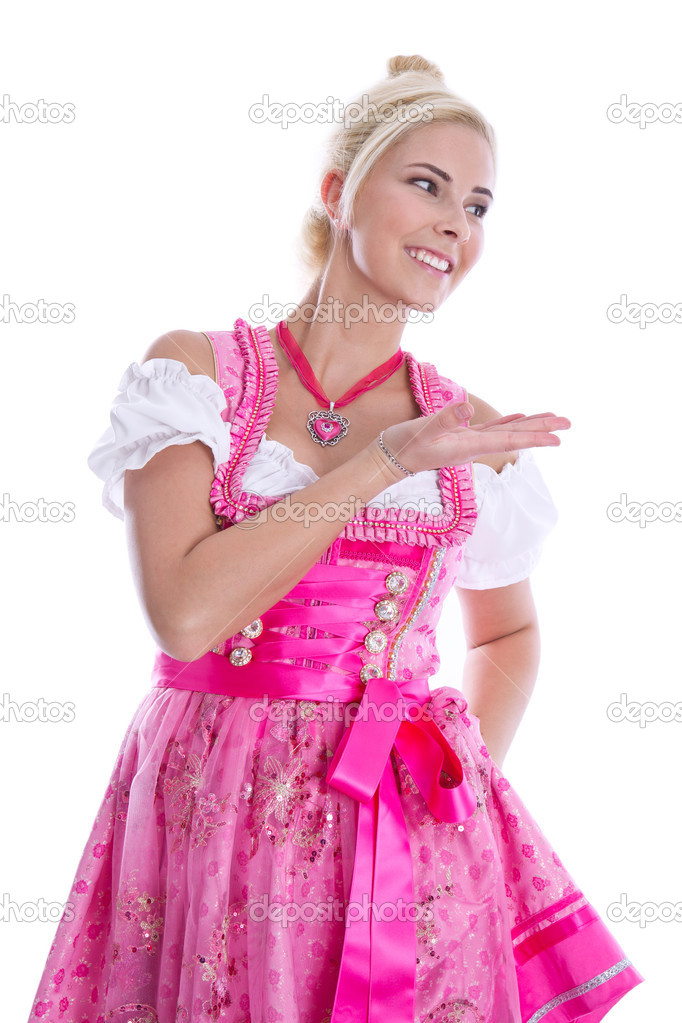 Bavarian woman - isolated in bavarian dress presenting and makin