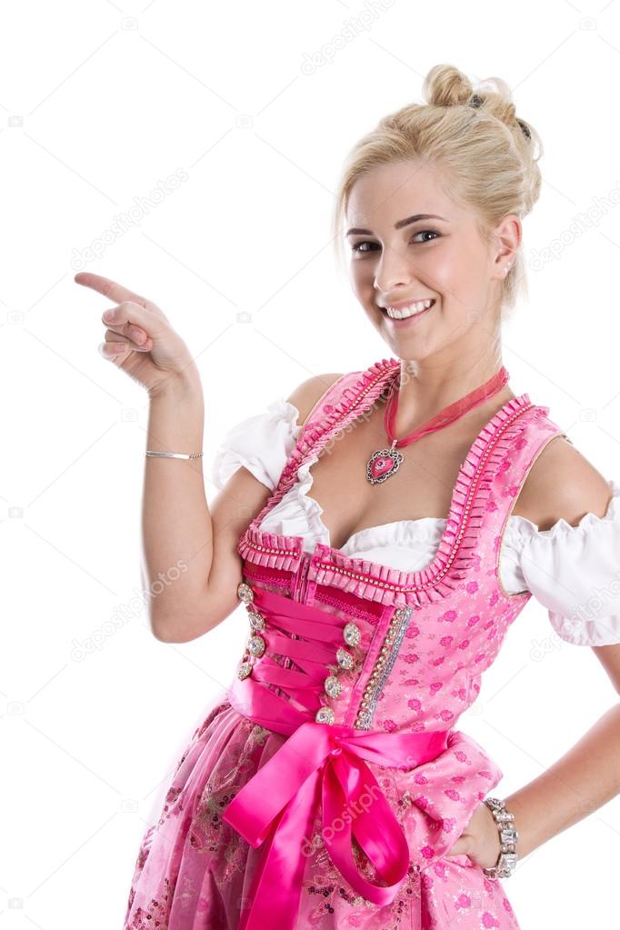 Beautiful bavarian woman isolated making promotion for Oktoberfe
