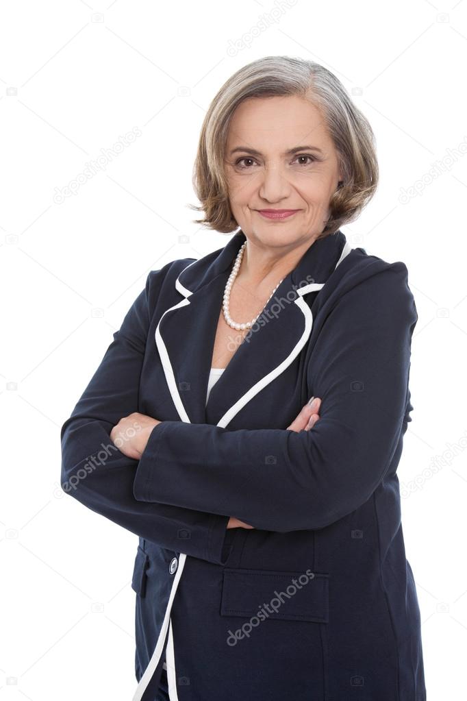 Isolated portrait of a satisfied senior female business woman.