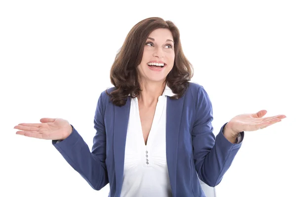 Zufriedene Frau mittleren Alters in blau - isoliert über weißem Backgr — Stockfoto