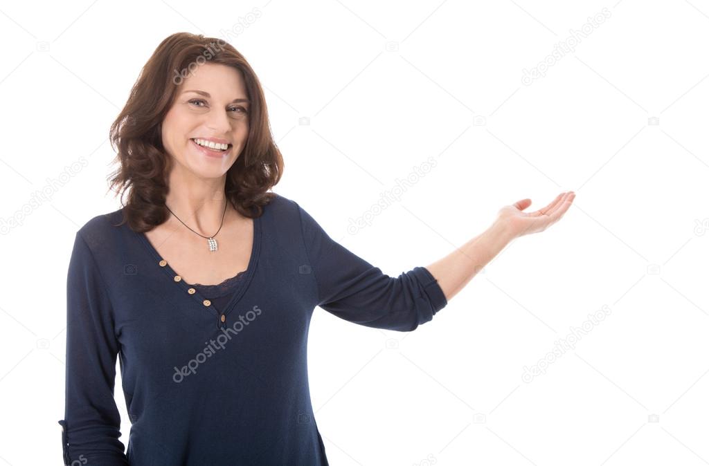 Isolated happy mature businesswoman presenting with palm.