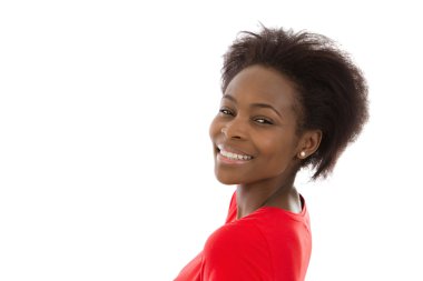 güzel afro Amerikalı genç kadın üzerinde beyaz izole kırmızı.