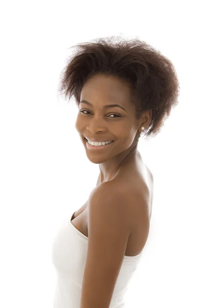 Mooi en schattig geïsoleerde jonge afro Amerikaanse vrouw in whi — Stockfoto